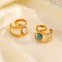 Bague tendance en acier inoxydable, style européen et américain, simple et élégante, avec turquoise bleue et perle ovale personnalisée, passe-partout
