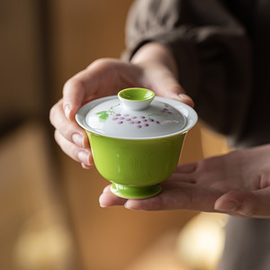 Guanlan Underglaze Painted Grape Gaiwan Porcelain Teacup With Lid Grass Green Hand Painted Kung Fu <b>Tea</b> <b>Set</b> Brewing Vessel - Product Image 1