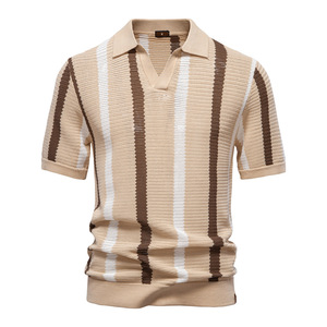 Camicia da uomo in maglia stile europeo americano con maglia Casual e Comfort <span class=keywords><strong>Polo</strong></span> da uomo a righe in maglia a contrasto - Product Image 4