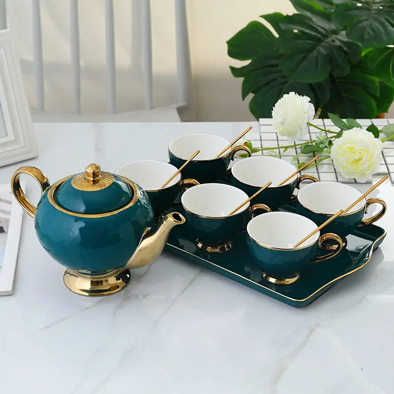 New Arrival Green gold rim 8Pcs with six Cups and Tray Ceramic tea sets with teapot for gift