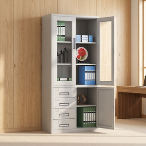 Steel Storage Cupboard Metal Office Organization Glass Door <b>Filing</b> Cabinet with <b>Drawer</b> and Display Windows - Product Image 1