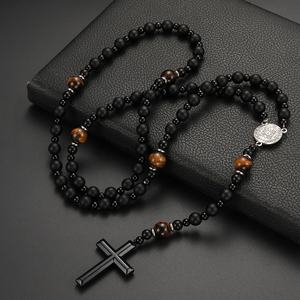 Mecrt Christianity <span class=keywords><strong>rosario</strong></span> uomo <span class=keywords><strong>collana</strong></span> Cross-religiosa <span class=keywords><strong>con</strong></span> roccia vulcanica nera naturale giallo occhio di tigre perle di pietra di ferro - Product Image 3