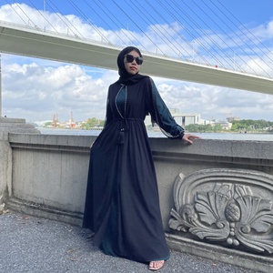 6429# Chiffon Black Open With Pearls With Belt and Dress Two Pieces Vestidos Fashionable Abaya Dress - Product Image 3