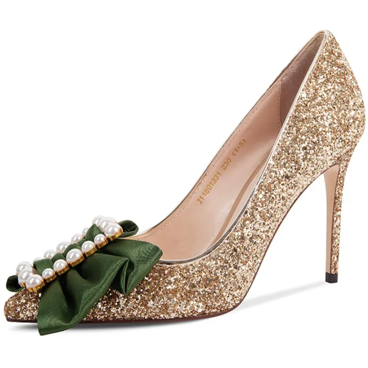 Elegant glitter high heel women dress shoes 2020 ladies glitter with butterfly buckle stilettos heels wedding bridal pumps