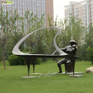 Arte musicale a grandezza naturale statua di uomo astratto pianoforte che suona scultura in bronzo - Product Image 3