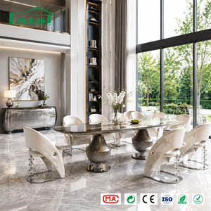 Tavolo <span class=keywords><strong>da</strong></span> <span class=keywords><strong>Pranzo</strong></span> di Lusso in Pietra Sinterizzata Italiana, Design Moderno con Texture Marmo Calacatta, Base Scanalata, Arredamento <span class=keywords><strong>per</strong></span> Villa - Product Image 1