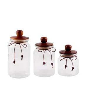 New Arrival Mini 3Pcs Anchor Hocking Glass Storage Jar With Wooden Lid And Rope