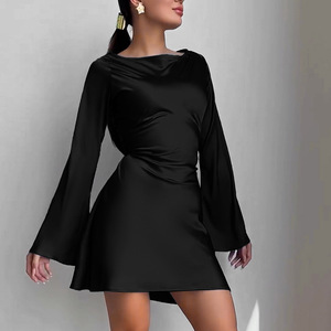 Vestido de Satén con Lazos para Mujer, Elegante, Ajustado, de Color Sólido, Corto, a la Moda para Otoño - Product Image 2
