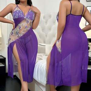 H3933 2024 Nuevo Diseño, Camisón Sexy, Maxi Vestido de Encaje con Bordado Floral, Abertura Lateral Irregular, Lencería Sexy - Product Image 5