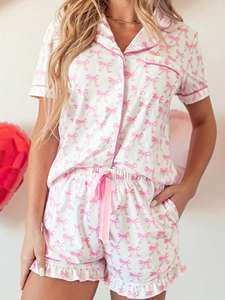 Ensembles de Pyjamas en Modal Imprimés Nœuds Personnalisés, Pyjamas Courts avec Passepoil, Loungewear Femme, Pyjamas de Nuit en Bambou pour Femmes - Product Image 2