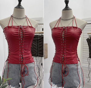 PEEQI Completo Donna alla Moda, Top Corto Senza Maniche in <span class=keywords><strong>Pelle</strong></span> PU con Schiena Scoperta e Pantaloncini/Gonna, Set 2 Pezzi Sexy Stile Y2K Streetwear - Product Image 4