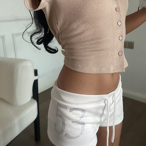 Shorts Sexys y Transpirables de Cintura Baja, Estilo Minimalista Y2K con Letras de Diamantes de Imitación y Cordón Ajustable, Ecológicos - Product Image 4