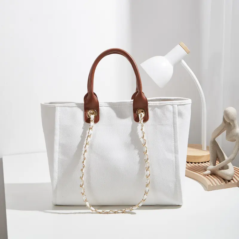 OEM/ODM Factory high quality fashion canvas tote bag pu handle designer canvas chain tote handbag for women