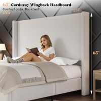 Lit plateforme King Size en fer avec tête de lit haute de 65 pouces, capitonné en velours côtelé, design côtier écologique et durable