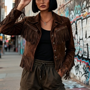 Nouvelle veste en daim à franges, couleur unie, col à revers, coupe courte et ajustée, manteau pour femme, Sehe Fashion - Product Image 1