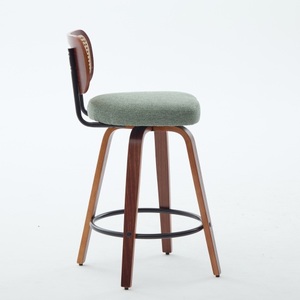 Set 3 26-Inch Counter Height Adjustable Bar Stools-Walnut Black Cane Rattan Back <b>Light</b> Green Linen Upholstered Seat Hotel Dining - Product Image 4