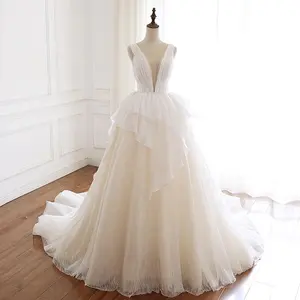 Vestido de noiva com decote em v, vestido de noiva com camadas brancas, sem mangas, com decote profundo em v, vestido de festa, roupa de casamento, 7740 #