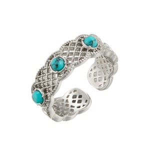 Wide Openwork Mesh Turquoise Ring Brass Alloy Retro Ethnic Style Adjustable Exquisite Jewelry - Product Image 5