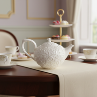 Service à thé en céramique durable et écologique, design floral vintage en relief, luxe léger, couleur beige, tasse à café et soucoupe, thé de haute valeur