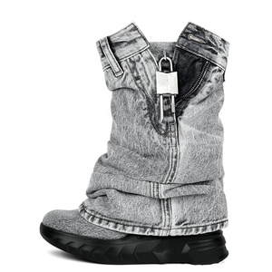 Women Thick Wedge <b>Heels</b> <b>Round</b> <b>Toe</b> Short Boots Shark Lock Overlay Cowboy Booties Retro Mid Calf Western Shoes - Product Image 6
