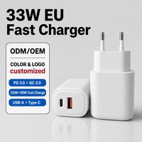Chargeur mural à double port Type-C 33W USB-A 18W à charge rapide, prise EU, adaptateur universel pour téléphone portable, OVP