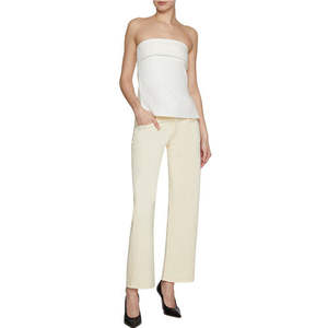 Women's White Canvas Nonwoven Solid Zipper Closure Strapless Bandeau <b>Tube</b> Top Slim-Fit Asymmetrical Hem <b>Sexy</b> Club Breathable - Product Image 2