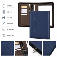 Portafolio de Cuero A4 Personalizado con Cierre, Doble Portaplumas y Portapapeles en Azul Marino con Logotipo para Reuniones de Negocios
