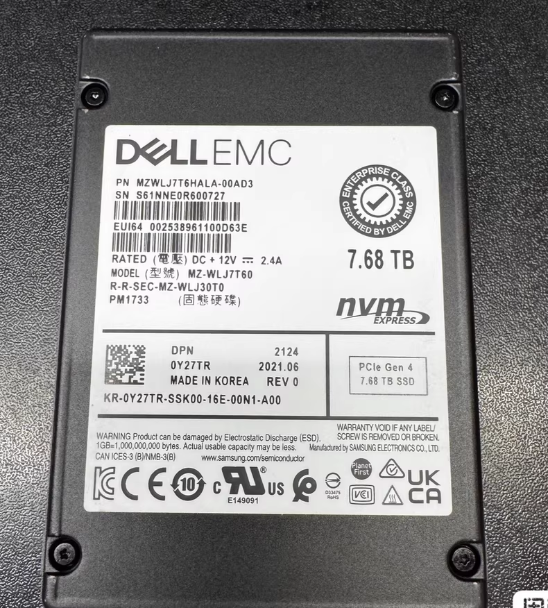 For PM1733 7.68TB <strong>NVMe</strong> <strong>U.2</strong> Internal <strong>SSD</strong> MZWLJ7T6HALA 0Y27TR PCIe Gen4 2.5" Read Intensive Enterprise Server 7000MB/s Read