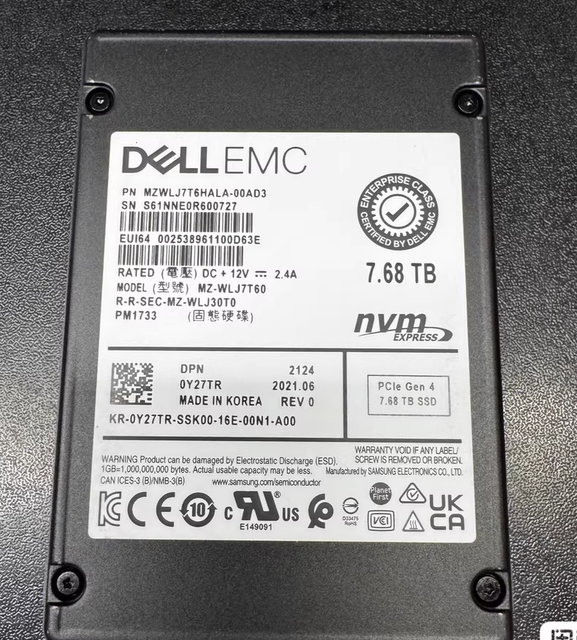 For PM1733 7.68TB NVMe U.2 Internal SSD MZWLJ7T6HALA 0Y27TR PCIe Gen4 2.5" Read Intensive Enterprise Server 7000MB/s Read