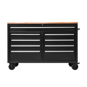 hot sale 52 Inch Black Tool Chest on wheels tool storage system 9 Drawer Workbench with Solid Wood Top