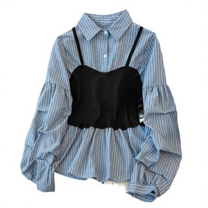 Camisa de Mujer a Rayas de Manga Larga con Botones, Top con Inserciones Negras, Mangas Abullonadas con Volantes, Corte Holgado Informal para Todas las Temporadas - Product Image 2