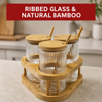 Ensemble de 3 pots à épices en verre avec couvercle en bambou, contenants de rangement à texture côtelée verticale avec cuillère en bambou et support triangulaire