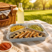 Barquette en aluminium à 3 compartiments, qualité alimentaire, côtelée avec couvercle, pour la restauration aérienne, vente en gros, OEM personnalisé