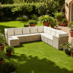 Ensemble de canapés de jardin modulaires en rotin beige, mobilier d'extérieur au design contemporain, coussins en mousse haute densité - Product Image 2