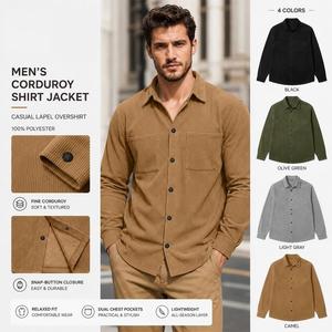<b>Men</b> Corduroy Shirt <b>Jacket</b> <b>Long</b> Sleeve Snap Button Casual Shacket Lightweight Lapel Overshirt with Dual Chest Pockets for Fall - Product Image 1