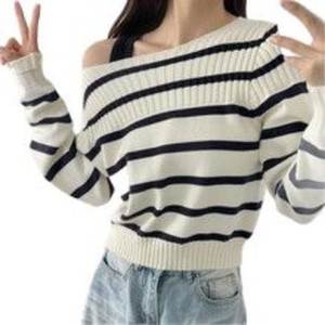 Maglione Sottile da Donna in Stile Coreano, Giovanile e Casual, <span class=keywords><strong>con</strong></span> Spalle Scoperte e Strisce <span class=keywords><strong>a</strong></span> Contrasto, in Acrilico/Spandex, Primaverile Retrò - Product Image 5