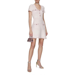 Fabricantes de Prendas de Punto, Vestidos de Verano Personalizados de Color <span class=keywords><strong>Rosa</strong></span>, Cuello Redondo, <span class=keywords><strong>Manga</strong></span> Corta, Ajustados al Cuerpo, Vestidos Casuales de Punto para Mujer - Product Image 1