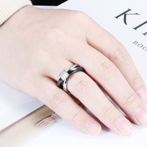 European Style Minimalist 7mm Quadrilateral Micro Pave Zircon Ceramic <b>Cross</b> <b>Ring</b> Black And <b>Silver</b> For Women - Product Image 2