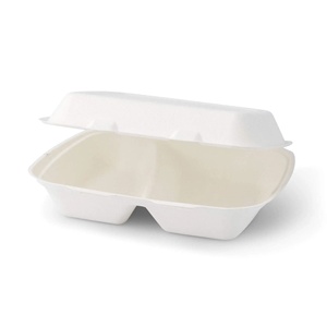 Boîtes à lunch rectangulaires compostables à deux compartiments avec couvercle à charnière en canne à sucre, 25x20 cm - Product Image 3