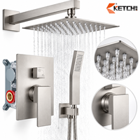 Ensemble de douche complet avec pommeau de pluie carré, douchette à main et mitigeur à levier en laiton nickelé brossé doré