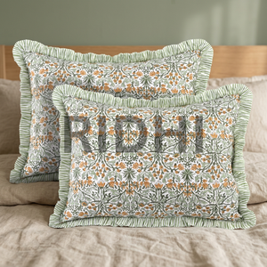 Ridhi 20x26 Goldenrod Yellow Ruffle Lumbar <b>Pillow</b> Cover Hand Block Printed Floral Western 100% Cotton Removable Washable Zipper - Product Image 2
