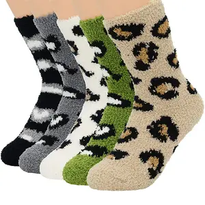 Cmax Leopard Coral Velvet Women's Floor Socks Crew Warm Sleep Socks Half Fleece Socks Wholesale