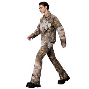 Fabricant de survêtements, logo brodé personnalisé, veste en toile denim camouflage vieilli et pantalon cargo pour hommes - Product Image 4