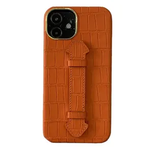 Designer crocodile embossed genuine leather phone cover case for iphone 12 13 14 15 pro max ultra with holder strap