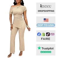 Ensemble robe femme en toile extensible/polyester, coupe droite, couleur unie, col licou, fente, taille haute, style européen et américain