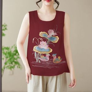 Black Embroidered Cotton Linen Sleeveless Camisole Top For Women Summer Chinoiserie Style Loose Fit Everyday Wear - Product Image 2