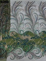 Tissu de dentelle en tulle lourd de Colombie, velours bleu, broderie de perles bulles, tissu de dentelle en tulle français, matériau pour robe nigériane bleue
