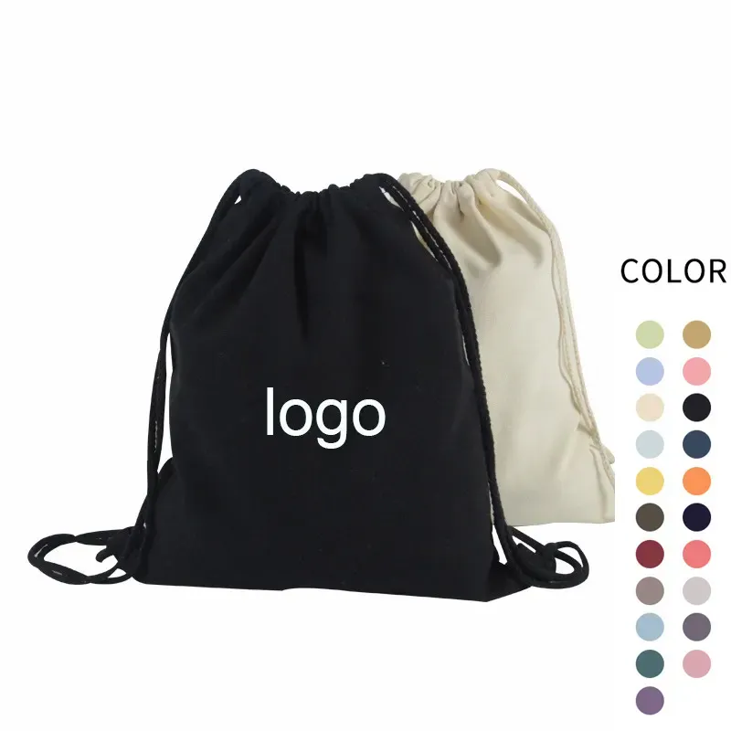 Eco Canvas Printed Cotton Linen Draw String Bags Packaging Custom Logo Drawstring Bag