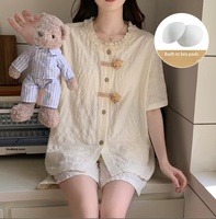 Piyama Musim Panas Wanita Mewah Korea, Motif Beruang Kecil Lucu, Lengan Pendek, Celana Pendek, Gaya Putri dengan Renda, Setelan Baju Rumah dengan Bantalan Dada