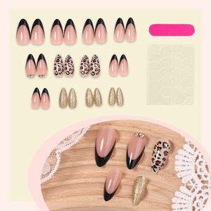 24 stuks zwarte Franse nude amandelvormige kunstnagels luipaardprint design strass goud glitter kunstmatige volledige dekking impressie nagels - Product Image 2